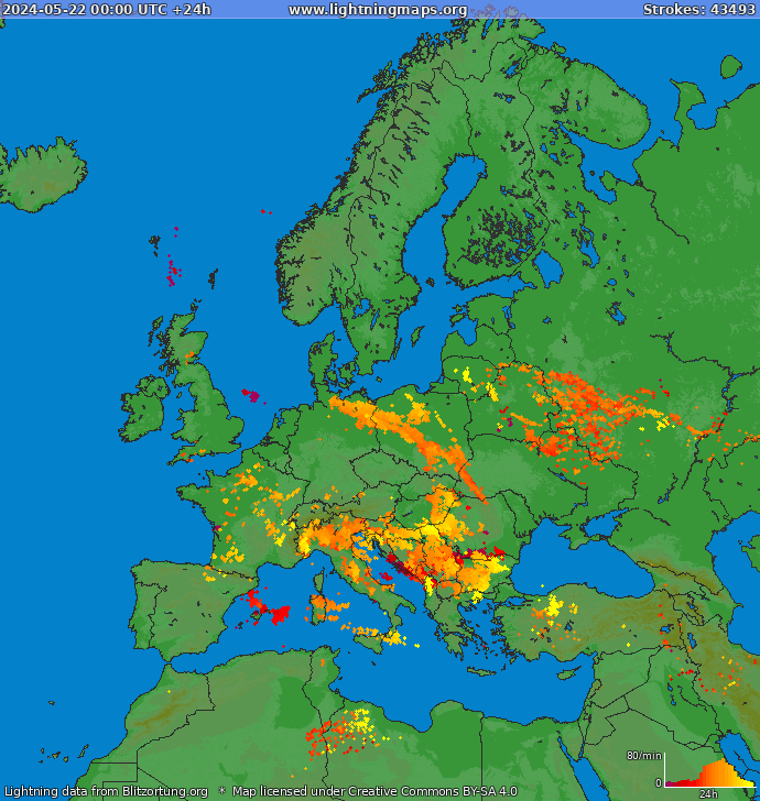 Lightning map Europe 2024-05-22