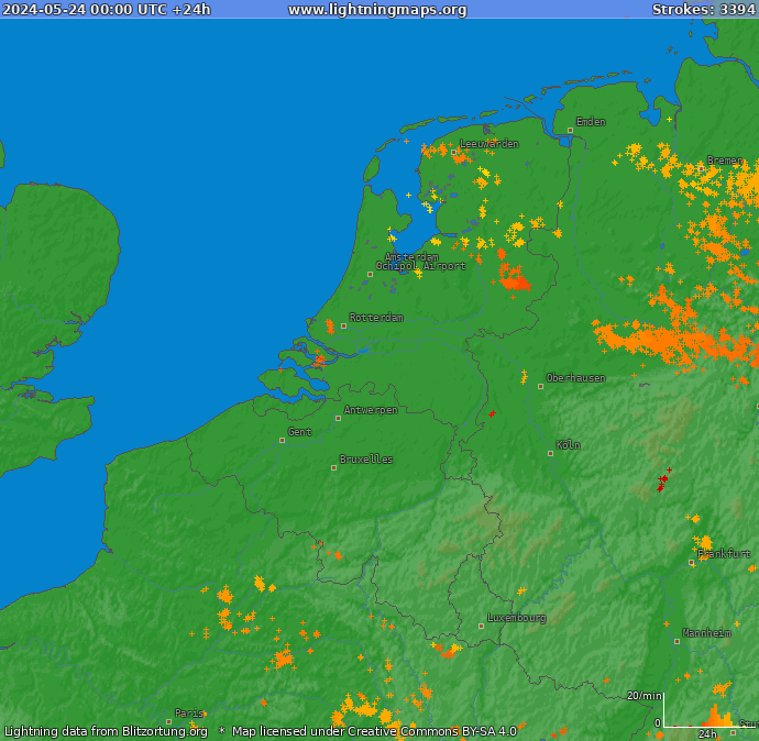 Mappa dei fulmini Benelux 24.05.2024