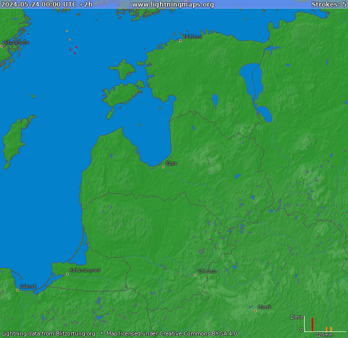Mapa blesků Baltické státy 24.05.2024 (Animace)