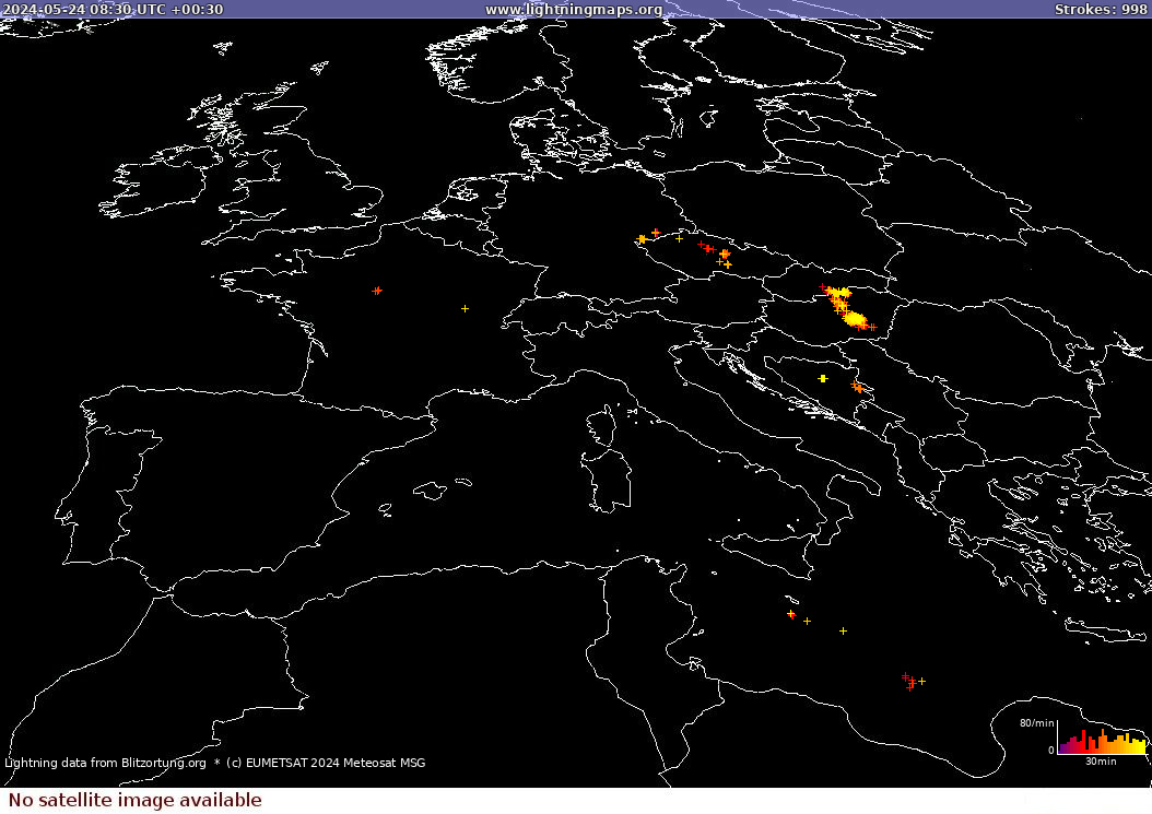 Mappa dei fulmini Sat: Europe Clouds + Rain 24.05.2024 (Animazione)