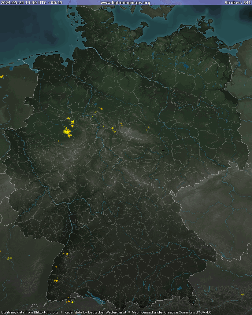 Mapa wyładowań Germany Radar 2024-05-24 (Animacja)