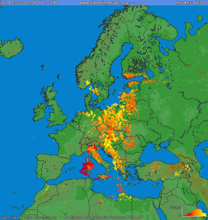 Mappa dei fulmini Europa 25.05.2024