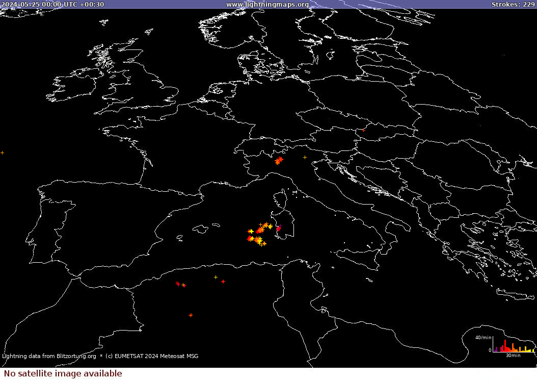 Mappa dei fulmini Sat: Europe Clouds + Rain 25.05.2024 (Animazione)