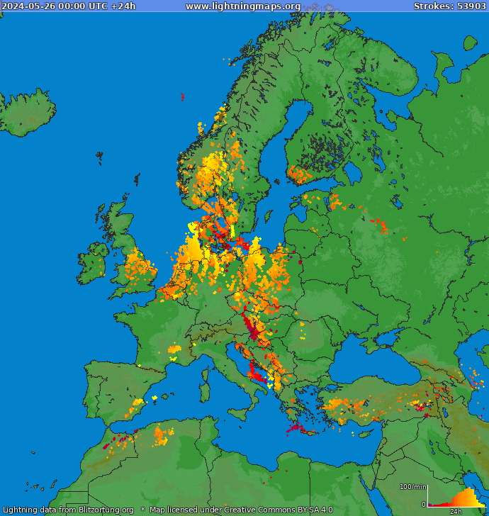 Lightning map Europe 2024-05-26