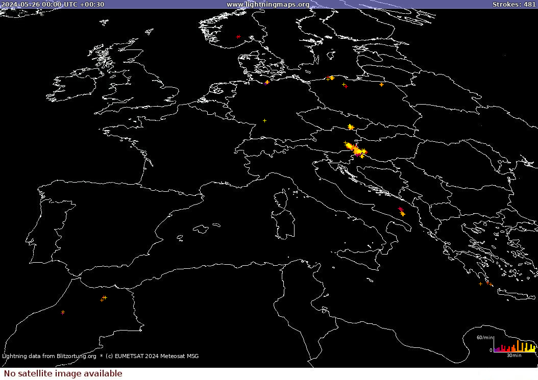 Mappa dei fulmini Sat: Europe Clouds + Rain 26.05.2024 (Animazione)