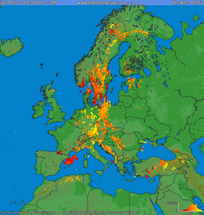 Mappa dei fulmini Europa 27.05.2024