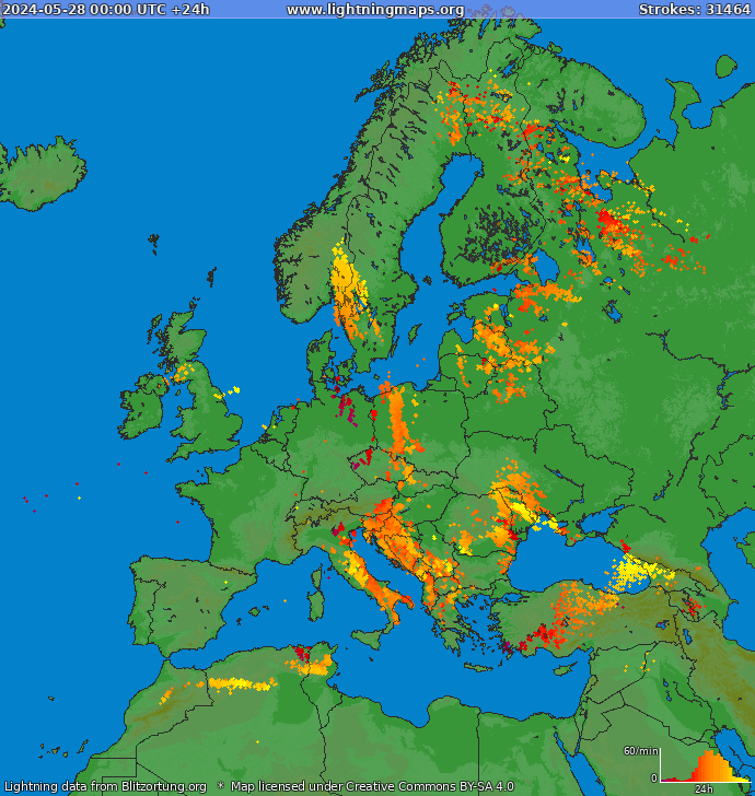 Mappa dei fulmini Europa 28.05.2024