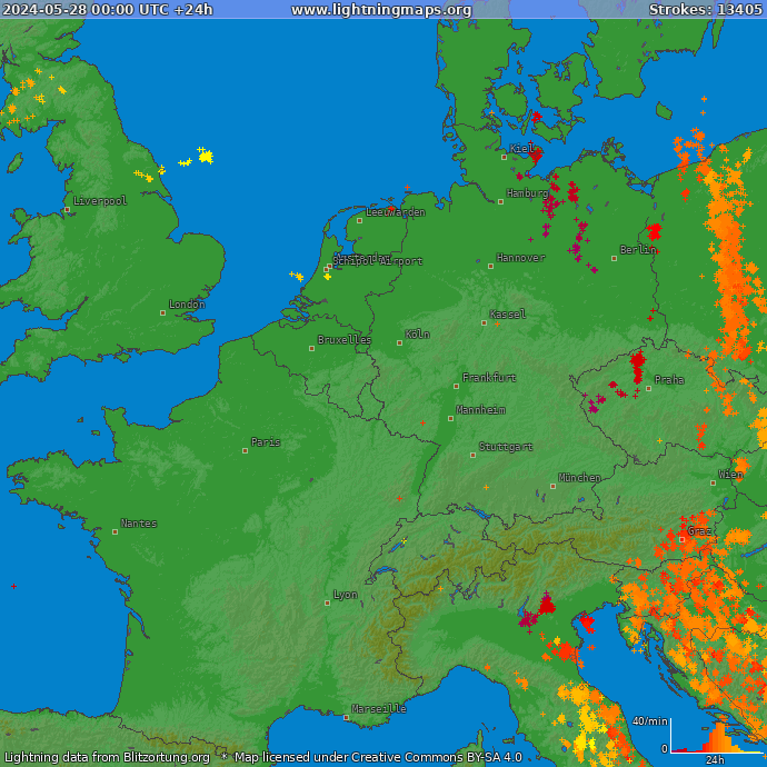 Mapa blesků Západní Evropa 28.05.2024