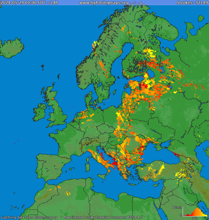 Mappa dei fulmini Europa 29.05.2024