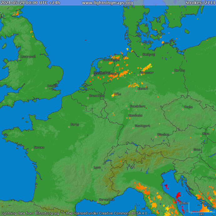 Карта блискавок Західна Європа 29.05.2024