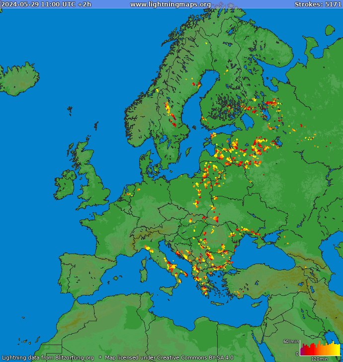 Mapa blesků Evropa 29.05.2024 (Animace)