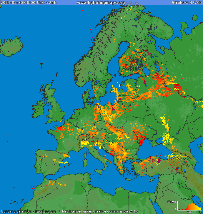 Mappa dei fulmini Europa 30.05.2024