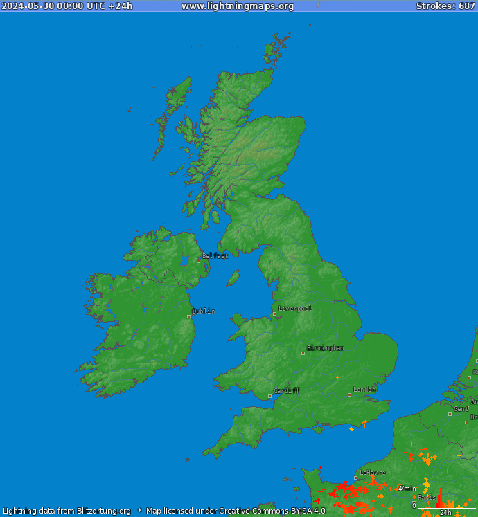 Bliksem kaart Verenigd Koninkrijk 30.05.2024