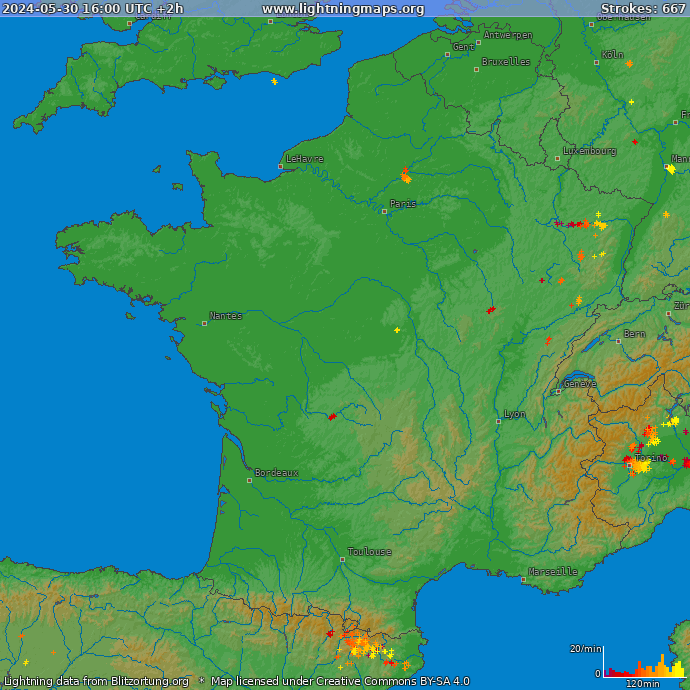 Mapa bleskov Francúzsko 30.05.2024 (Animácia)