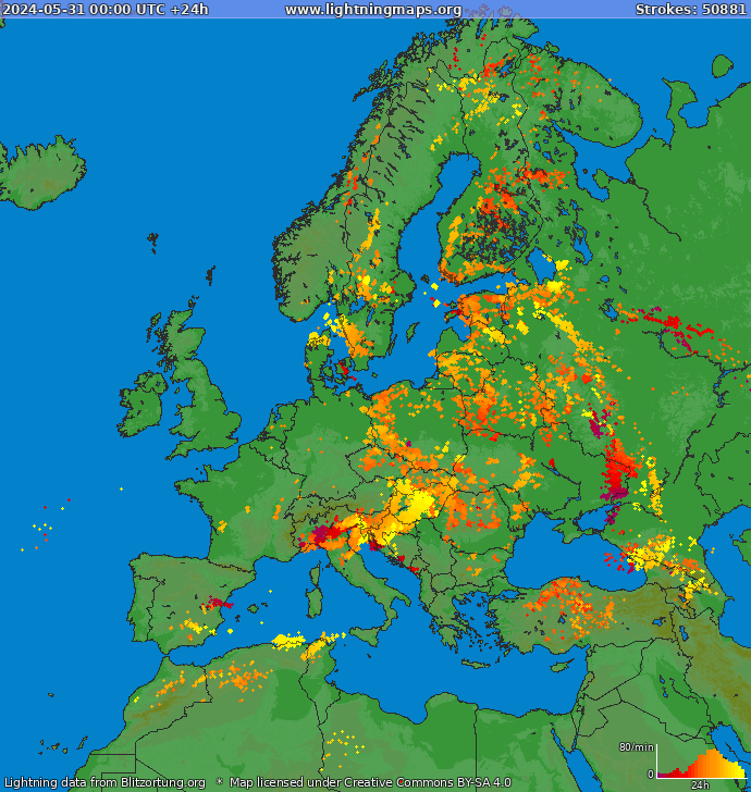 Mappa dei fulmini Europa 31.05.2024