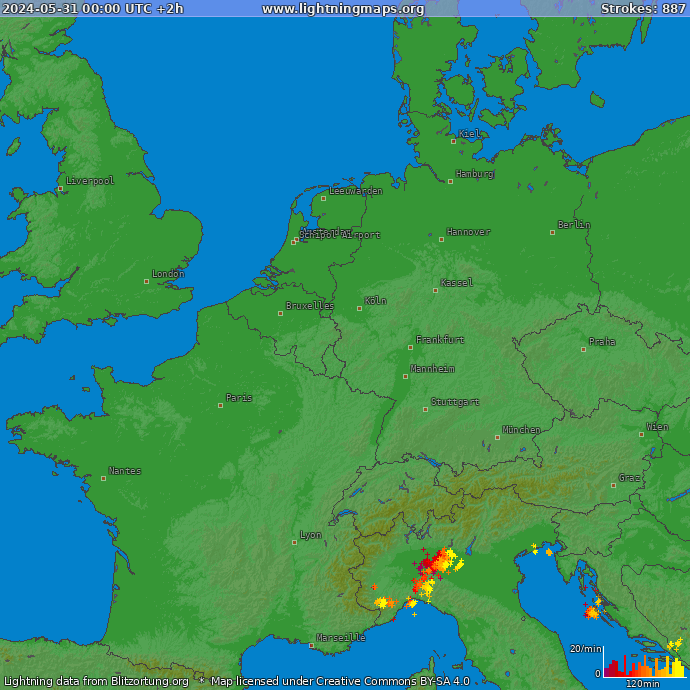 Lightning map Western Europe 2024-05-31 (Animation)