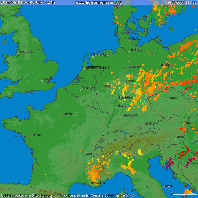 Mapa blesků Západní Evropa 01.06.2024