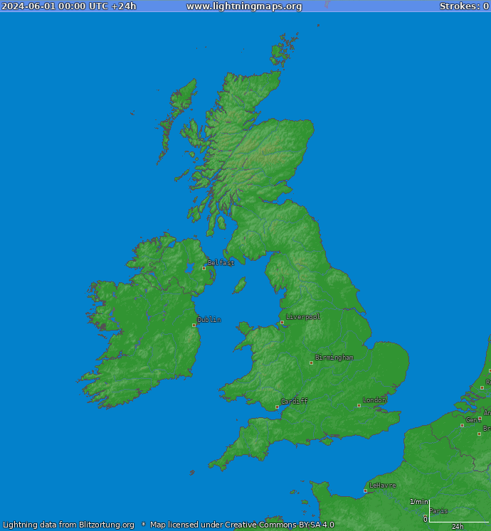 Mapa bleskov Veľká Británia 01.06.2024