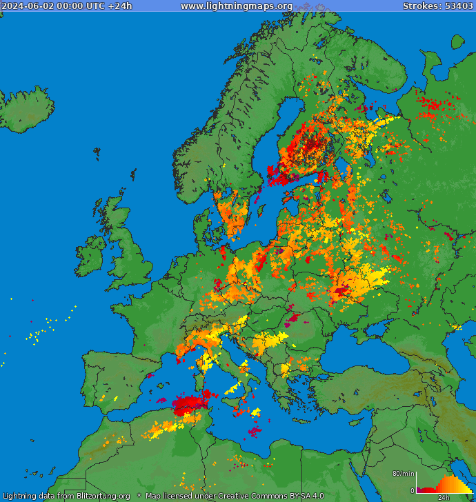 Lightning map Europe 2024-06-02