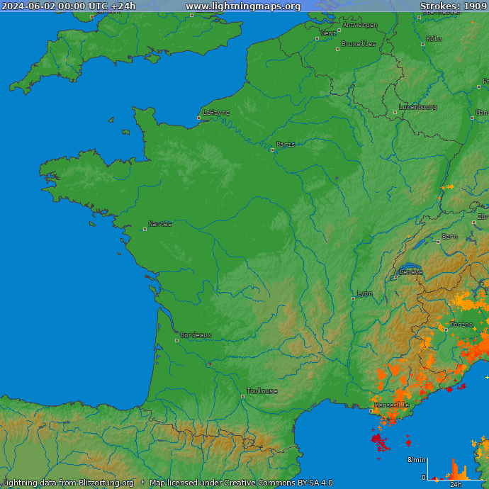 Карта блискавок Франція 02.06.2024