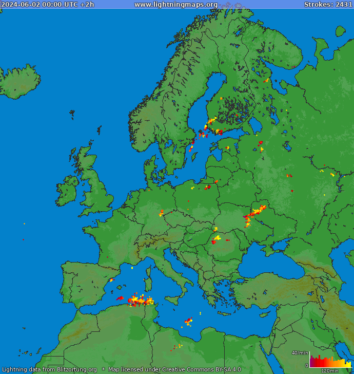 Mapa wyładowań Europa 2024-06-02 (Animacja)