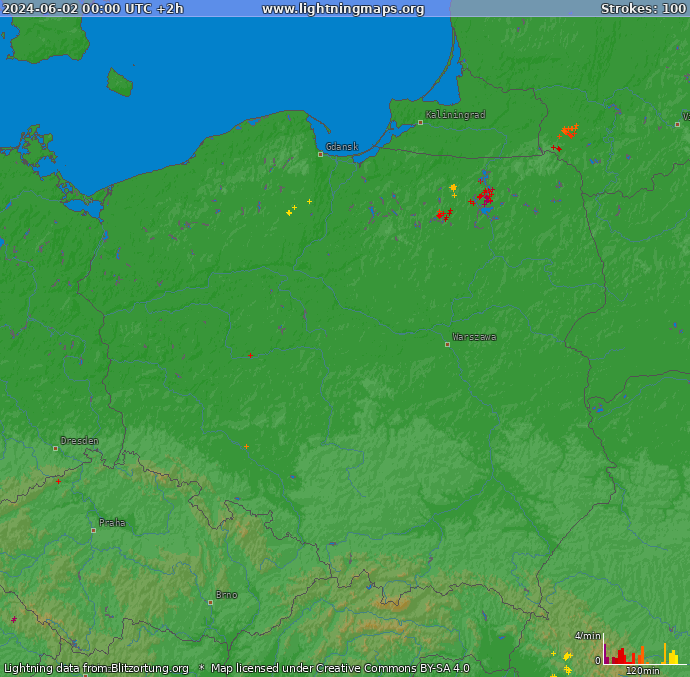 Mapa blesků Polsko 02.06.2024 (Animace)