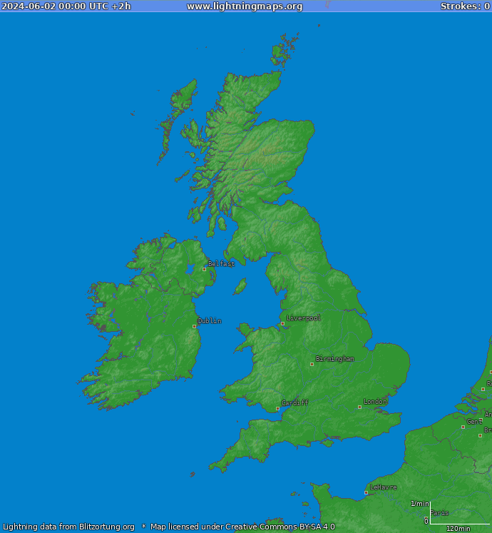 Mapa wyładowań Wielka Brytania 2024-06-02 (Animacja)