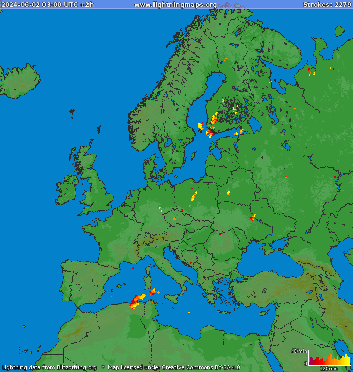 Mapa wyładowań Europa 2024-06-02 (Animacja)