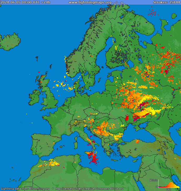 Mapa bleskov Európa 05.06.2024