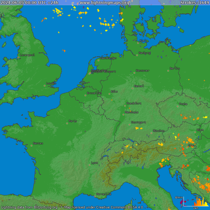 Mapa blesků Západní Evropa 05.06.2024