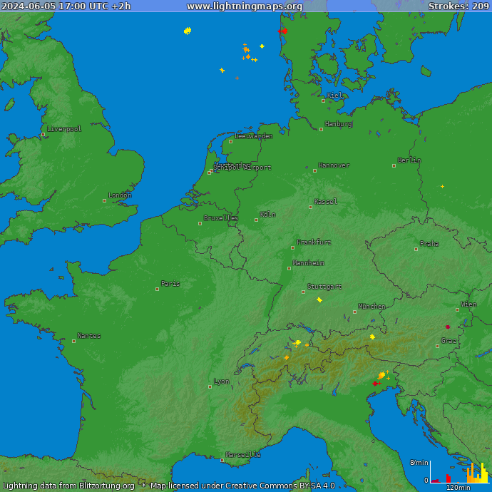 Mapa blesků Západní Evropa 05.06.2024 (Animace)