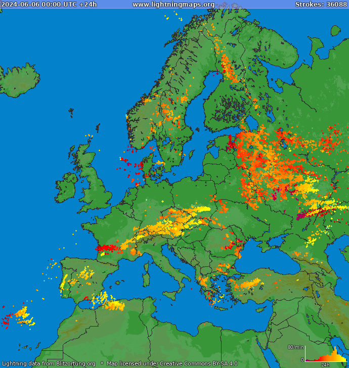 Mappa dei fulmini Europa 06.06.2024