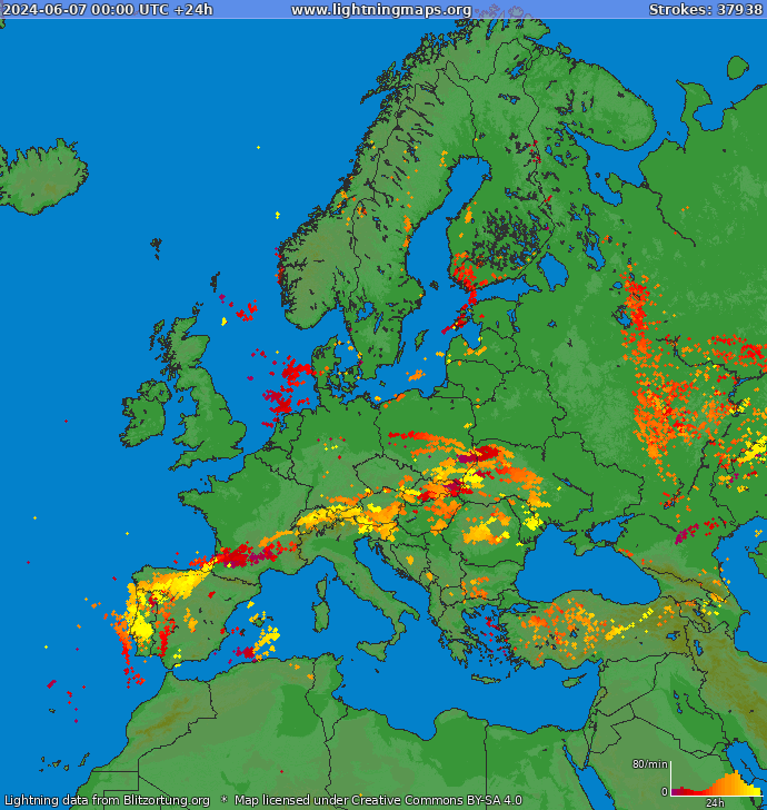 Lightning map Europe 2024-06-07