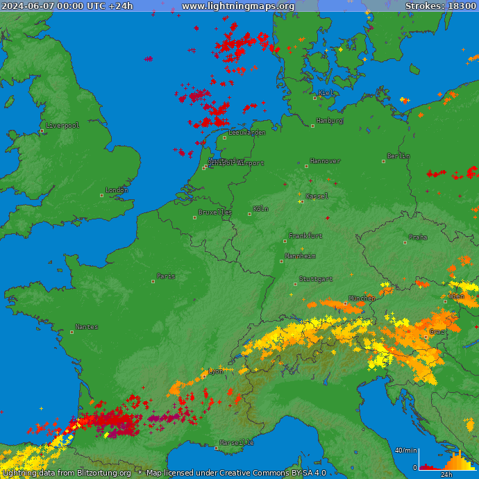 Карта блискавок Західна Європа 07.06.2024