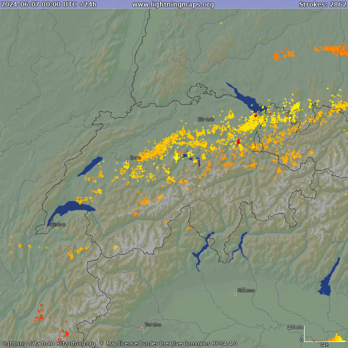 Lightning map Switzerland 2024-06-07