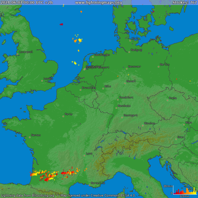Bliksem kaart West-Europa 07.06.2024 (Animatie)