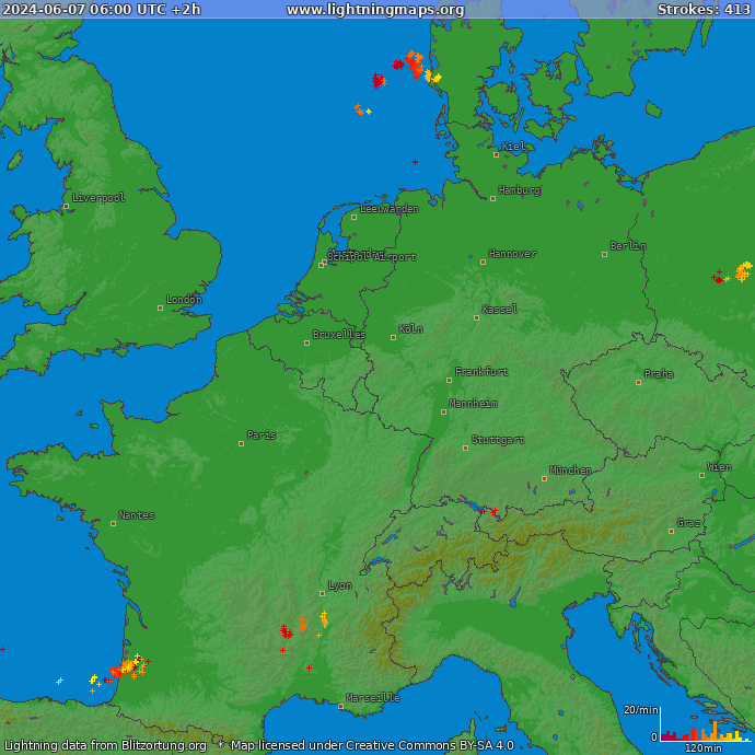 Lightning map Western Europe 2024-06-07 (Animation)