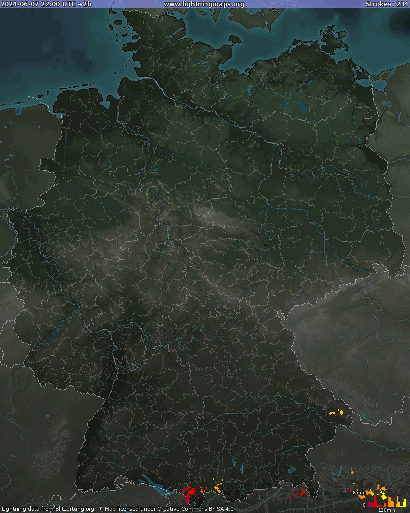 Mapa bleskov Nemecko 08.06.2024 (Animácia)