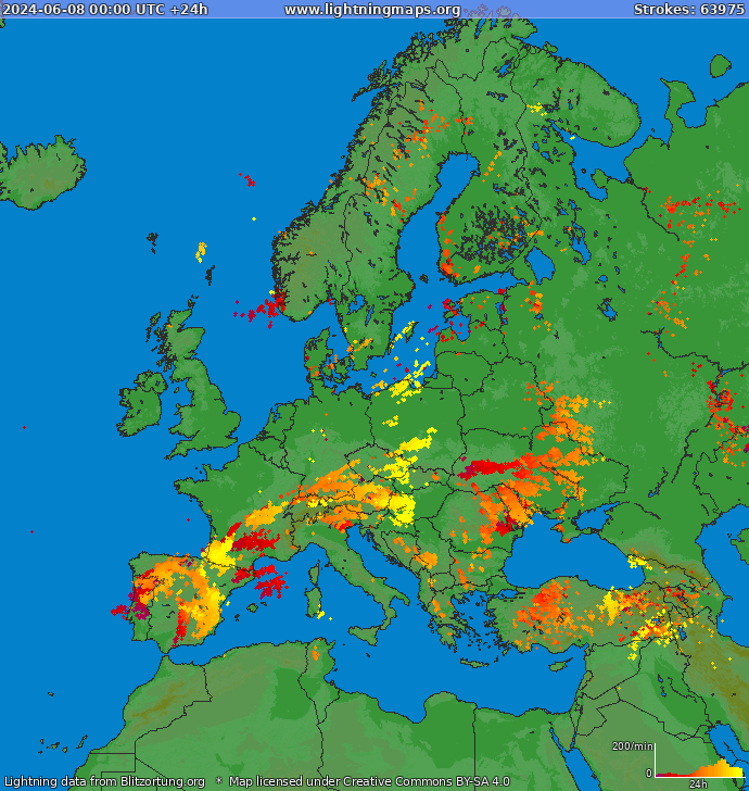 Mappa dei fulmini Europa 08.06.2024