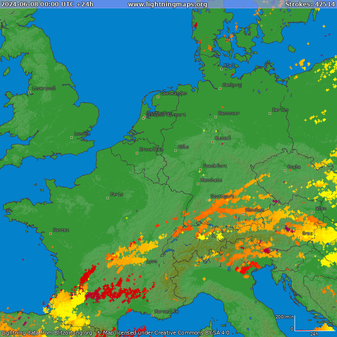 Lightning map Western Europe 2024-06-08