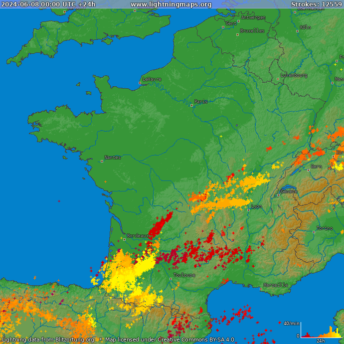 Mapa bleskov Francúzsko 08.06.2024