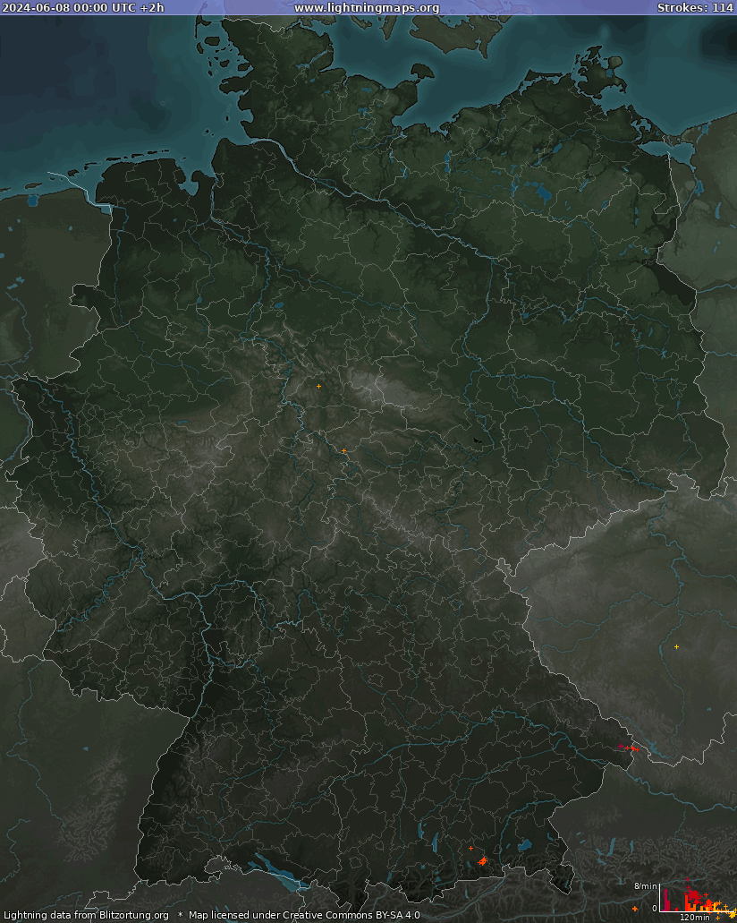 Mapa wyładowań Niemcy 2024-06-08 (Animacja)