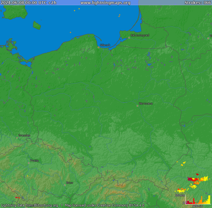 Карта блискавок Польща 08.06.2024 (Анімація)