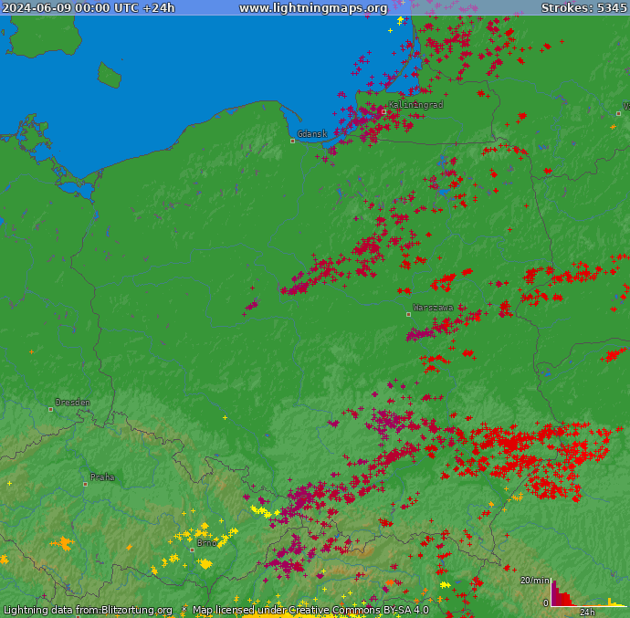 Mapa bleskov Poľsko 09.06.2024