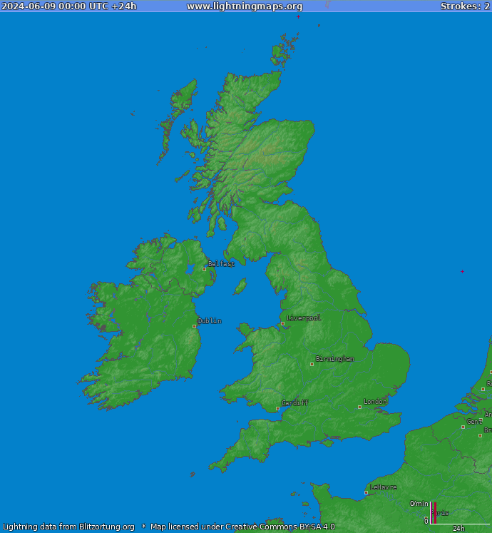 Bliksem kaart Verenigd Koninkrijk 09.06.2024