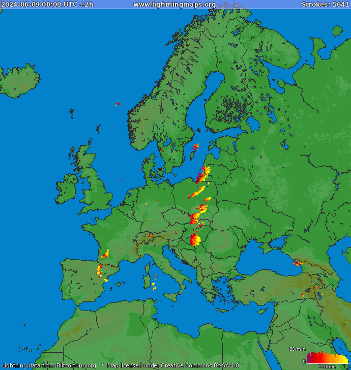 Mappa dei fulmini Europa 09.06.2024 (Animazione)