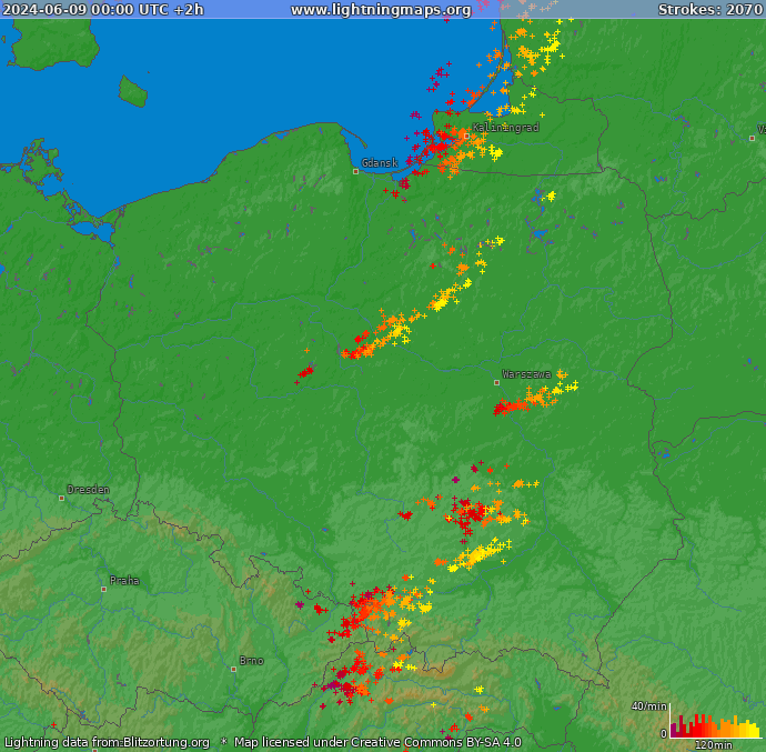Mapa bleskov Poľsko 09.06.2024 (Animácia)