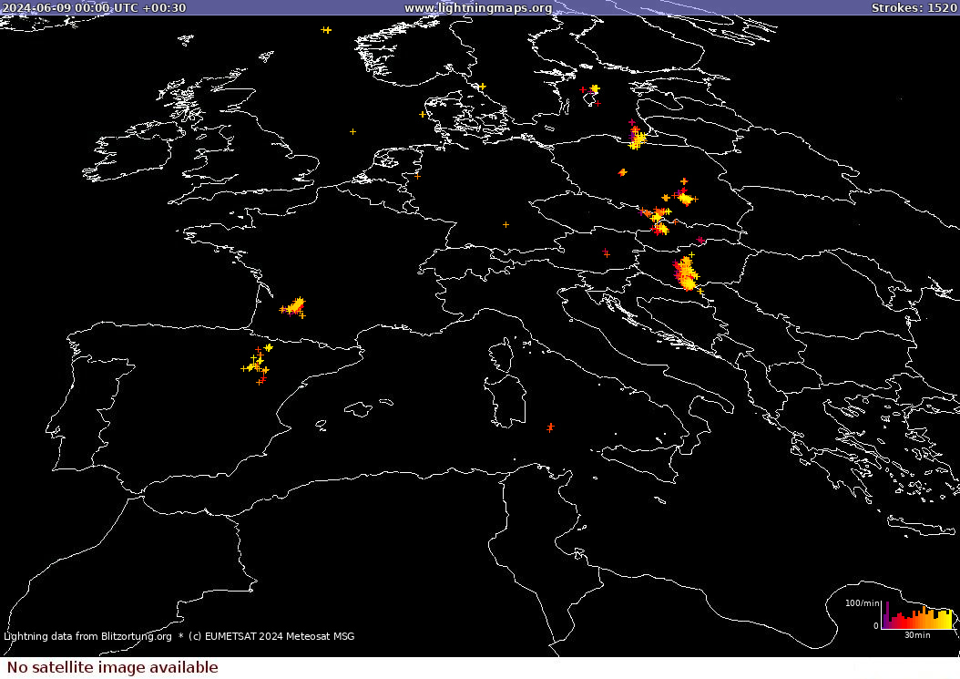 Lightning map Sat: Europe Clouds + Rain 2024-06-09 (Animation)
