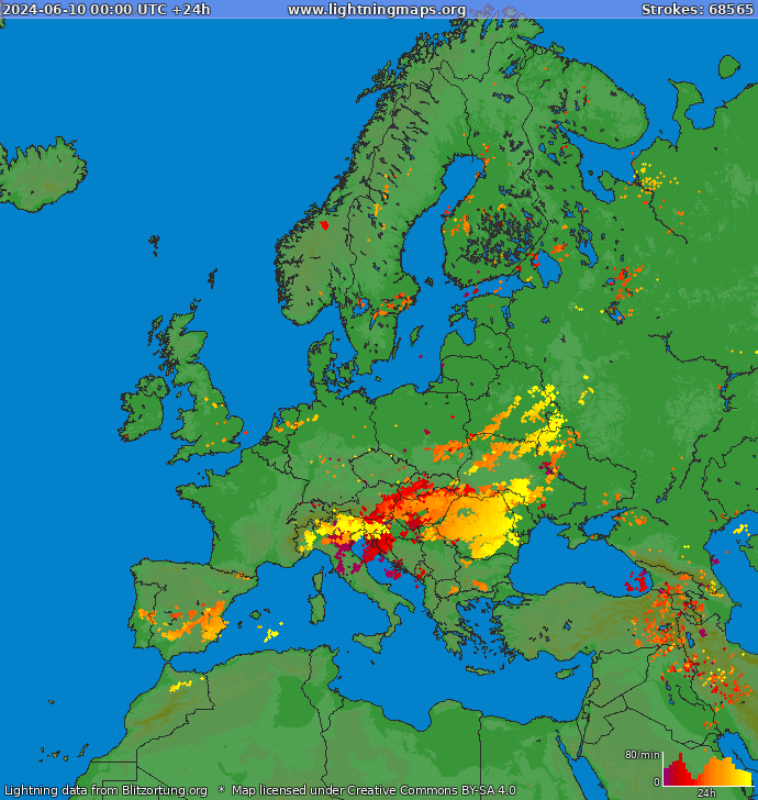 Mapa blesků Evropa 10.06.2024