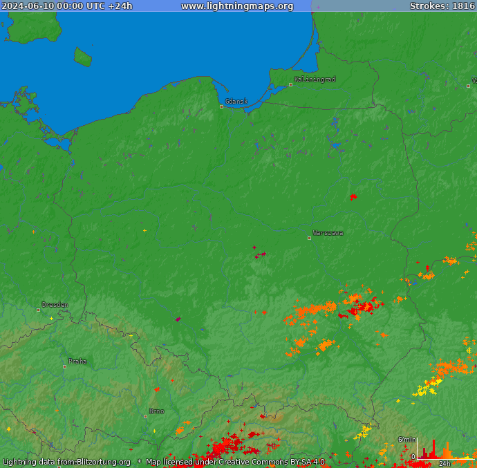 Mapa bleskov Poľsko 10.06.2024